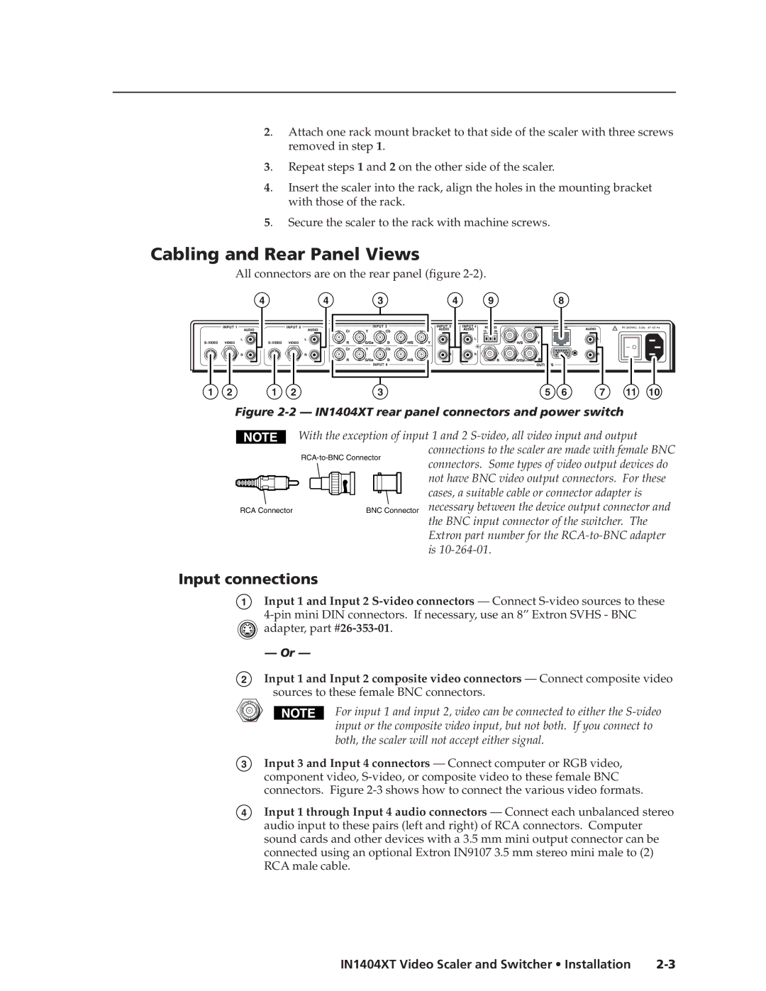 Extron electronic IN1404XT manual Cabling and Rear Panel Views, Input connections 