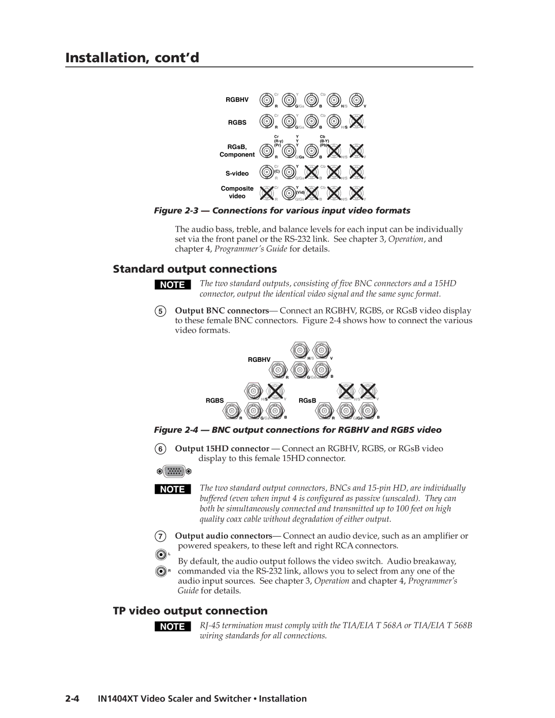 Extron electronic IN1404XT manual Installation, cont’d, Standard output connections, TP video output connection 