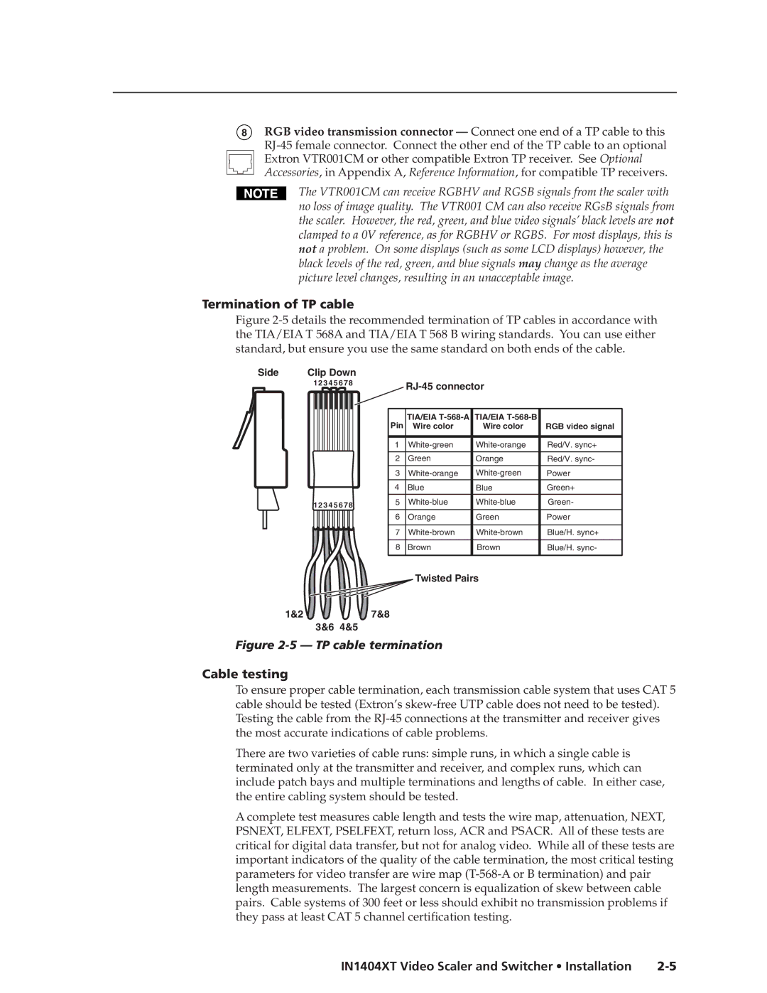 Extron electronic IN1404XT manual Termination of TP cable, Cable testing 