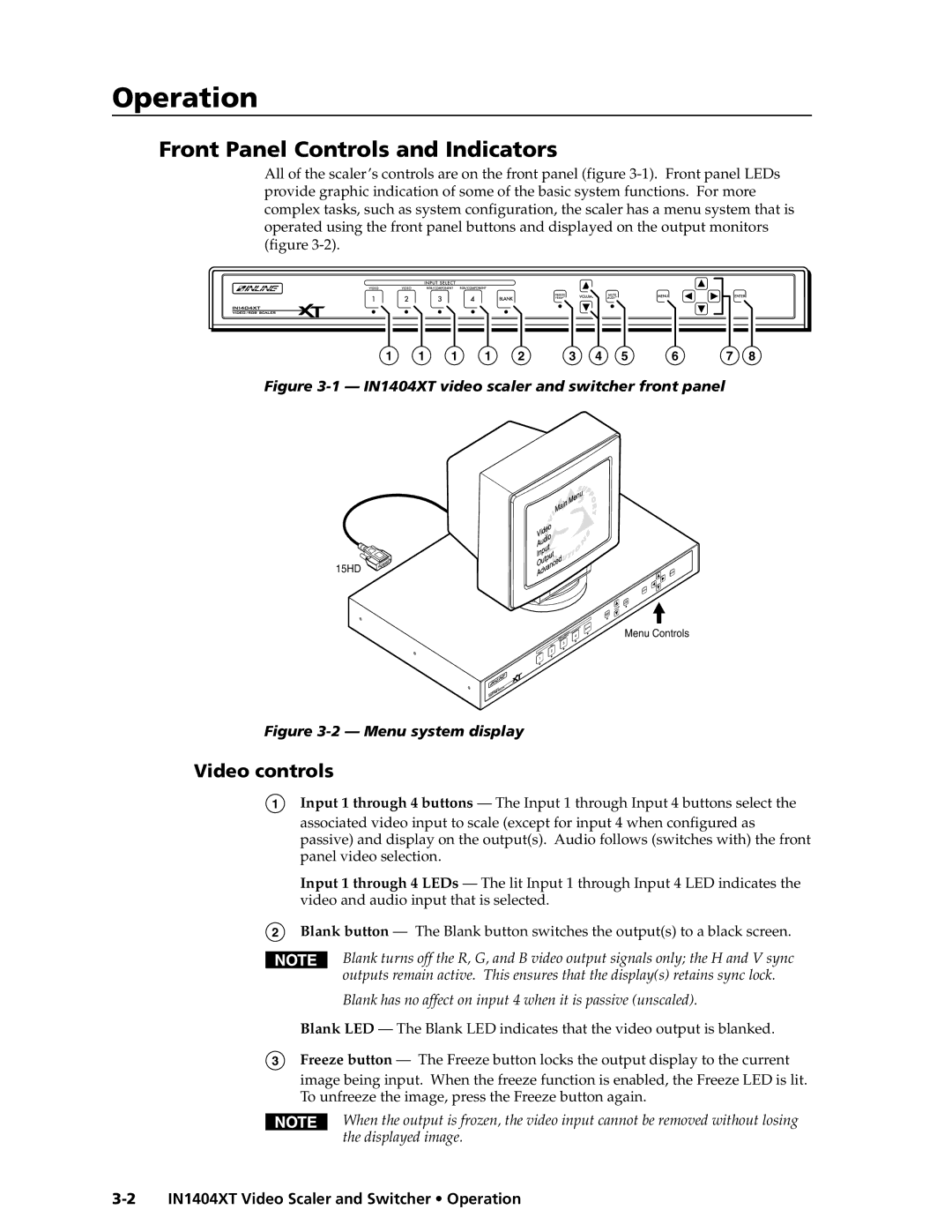 Extron electronic IN1404XT manual Operationeration, cont’d, Front Panel Controls and Indicators, Video controls 