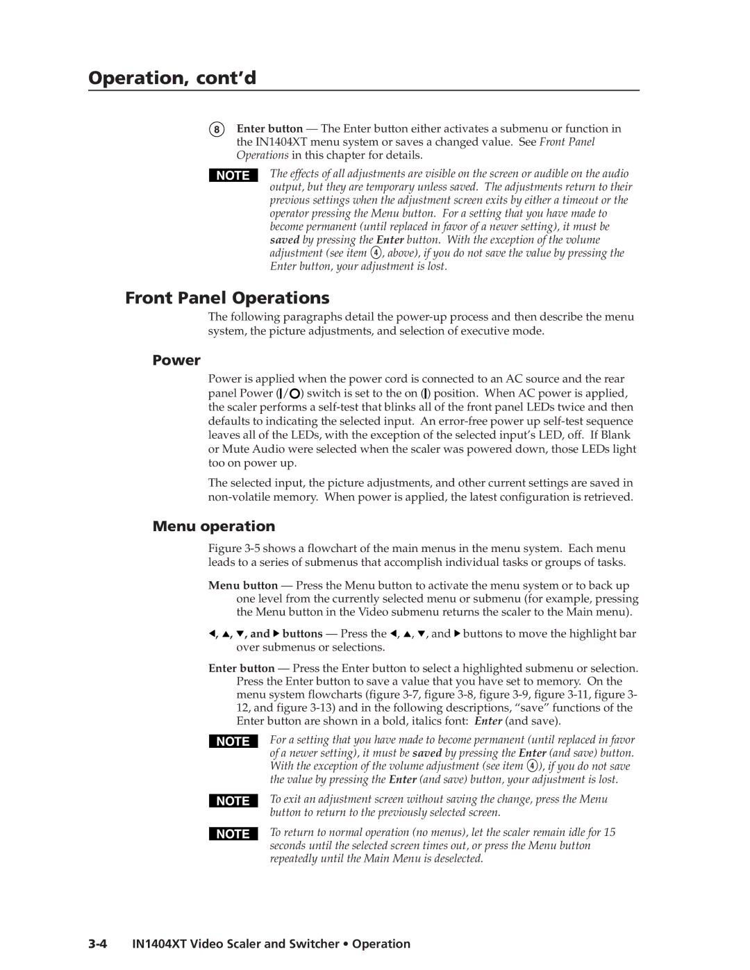 Extron electronic IN1404XT manual Operation, cont’d, Front Panel Operations, Power, Menu operation 