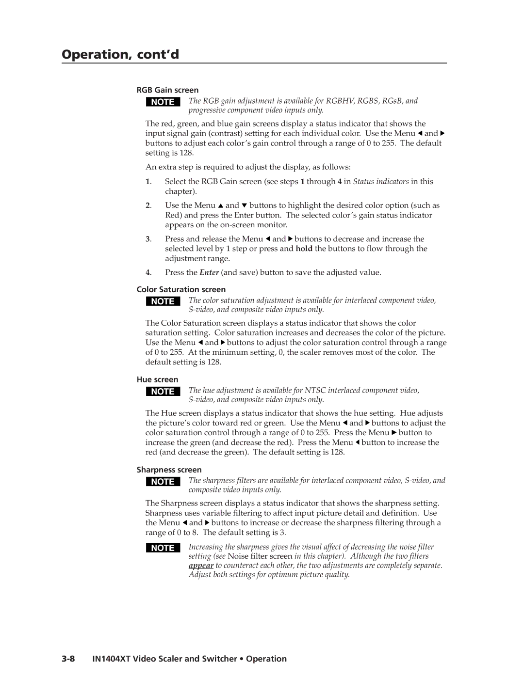Extron electronic IN1404XT manual RGB Gain screen, Color Saturation screen, Hue screen, Sharpness screen 