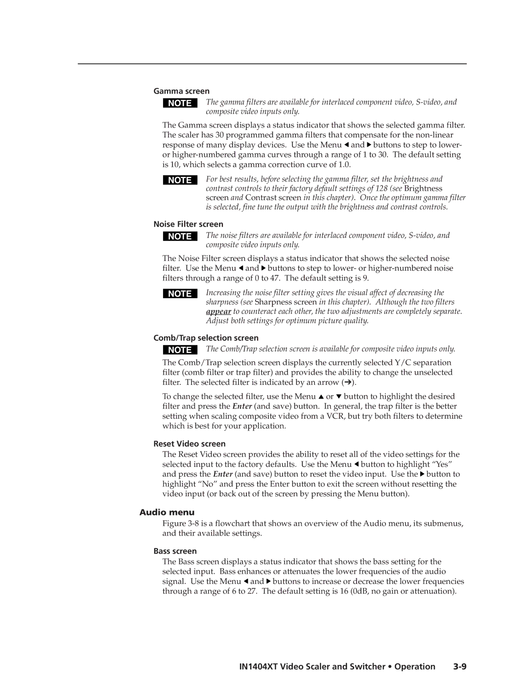 Extron electronic IN1404XT Gamma screen, Noise Filter screen, Comb/Trap selection screen, Reset Video screen, Audio menu 