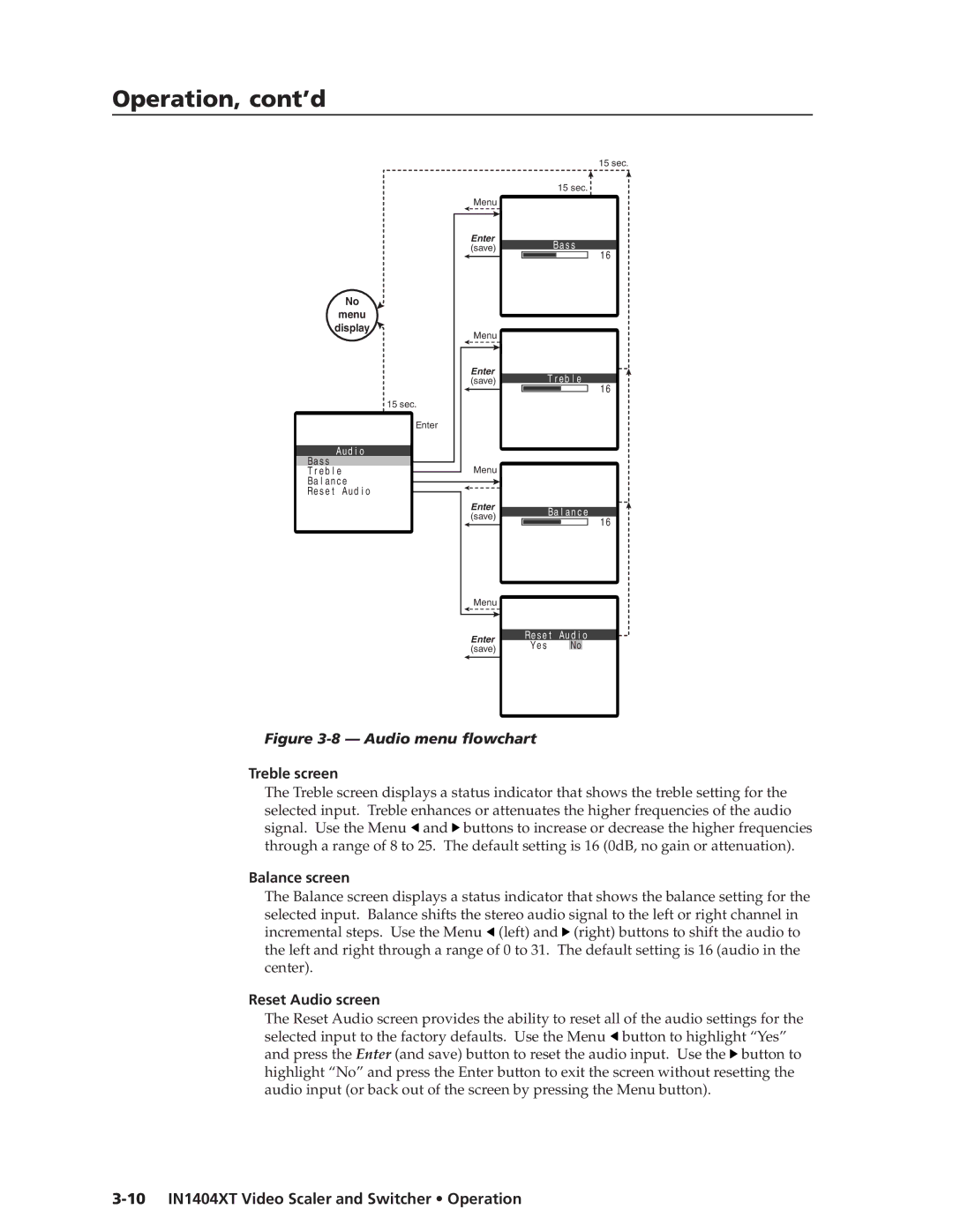 Extron electronic IN1404XT manual Treble screen, Balance screen, Reset Audio screen 