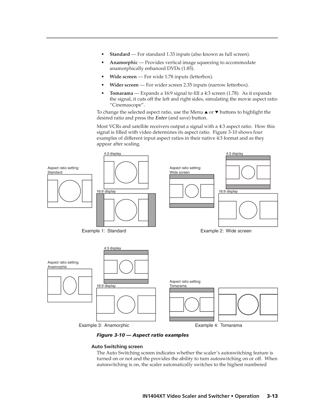 Extron electronic IN1404XT manual Aspect ratio examples, Auto Switching screen 