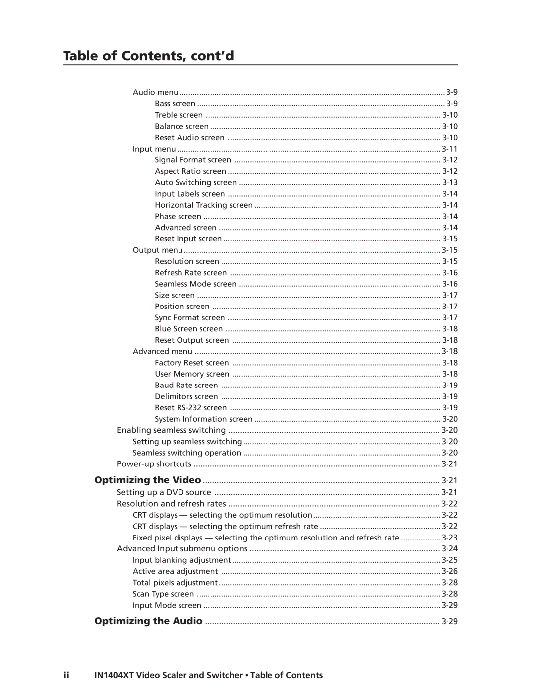 Extron electronic IN1404XT manual Table of Contents, cont’d 