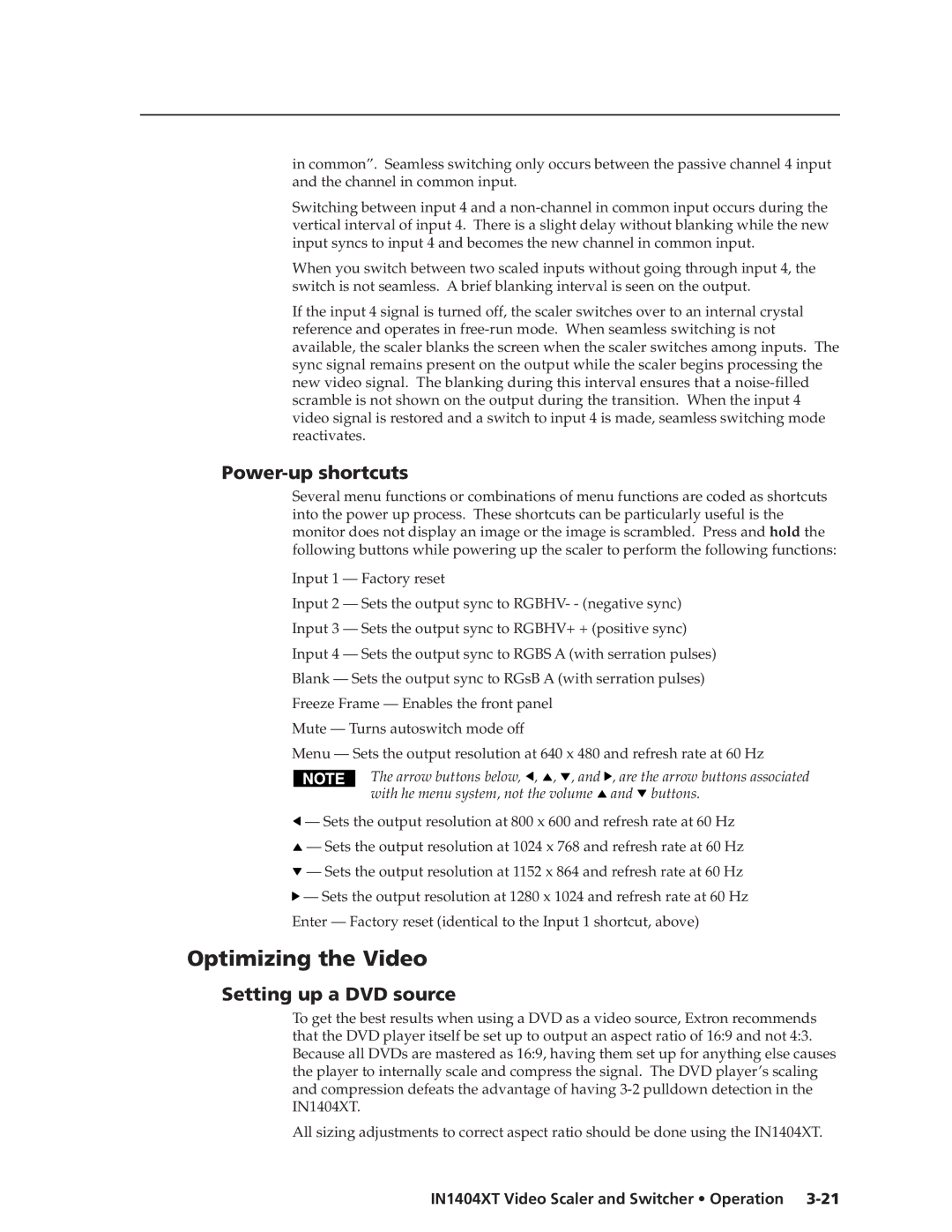 Extron electronic IN1404XT manual Optimizing the Video, Power-up shortcuts, Setting up a DVD source 