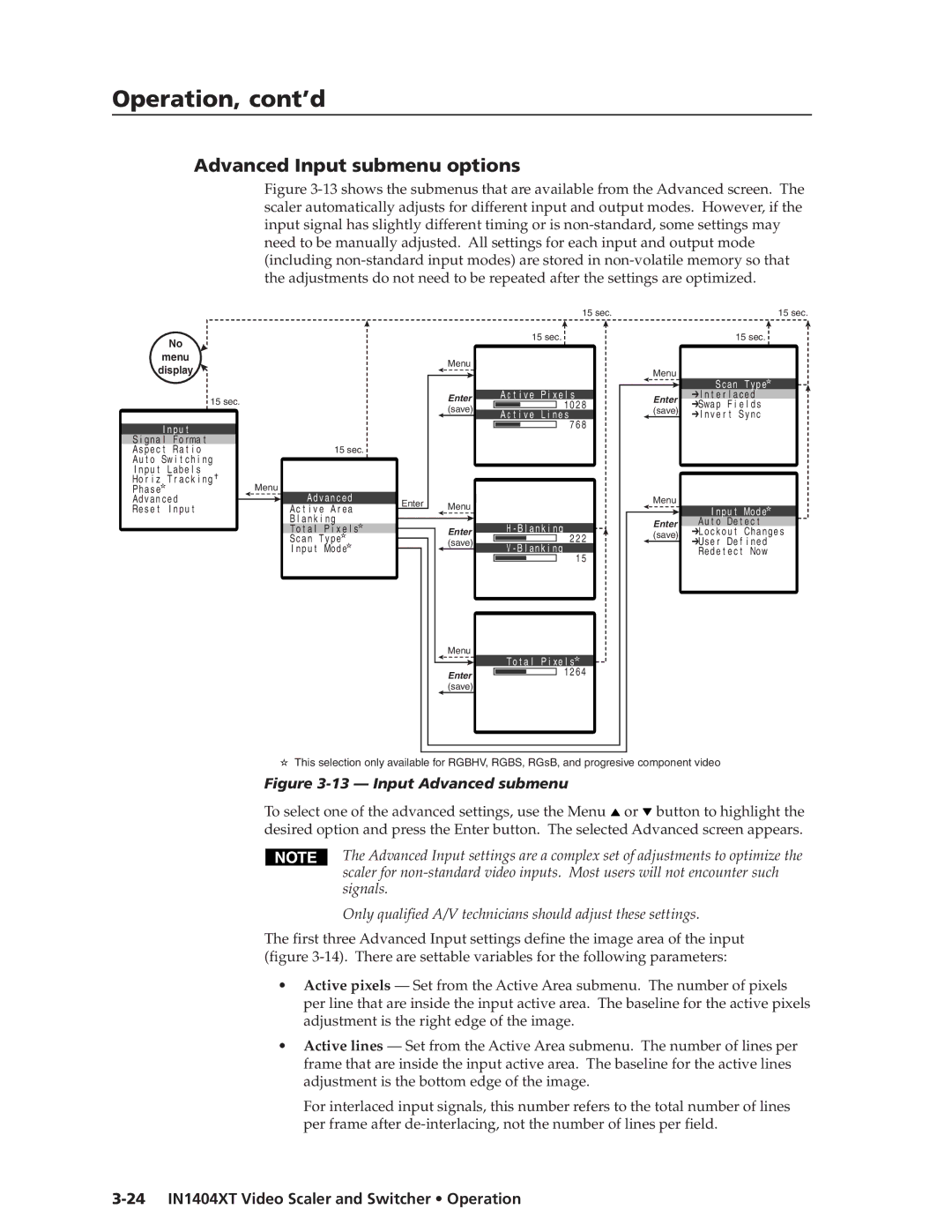 Extron electronic manual Advanced Input submenu options, 24 IN1404XT Video Scaler and Switcher Operation 