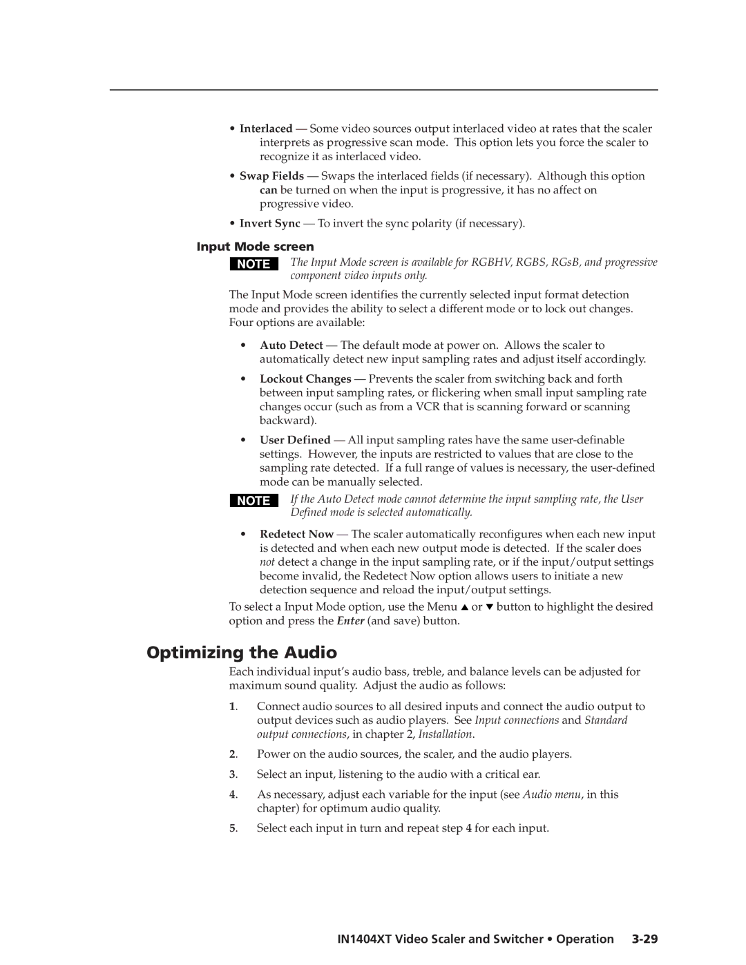 Extron electronic IN1404XT manual Optimizing the Audio, Input Mode screen 