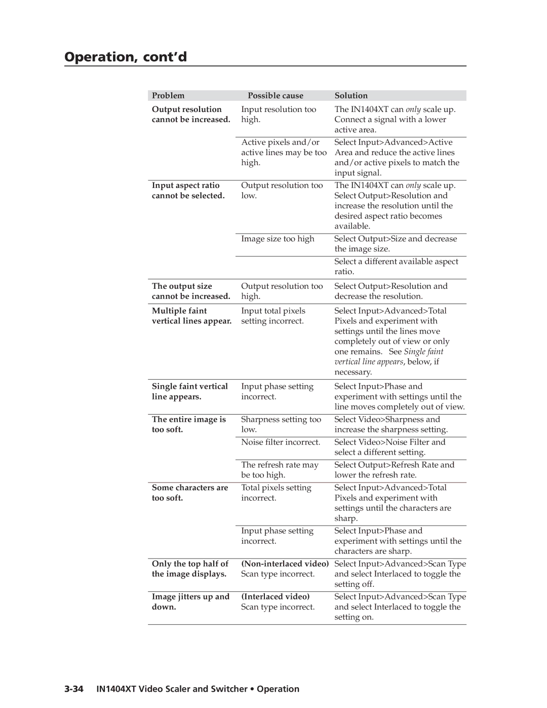 Extron electronic manual Cannot be increased, 34 IN1404XT Video Scaler and Switcher Operation 