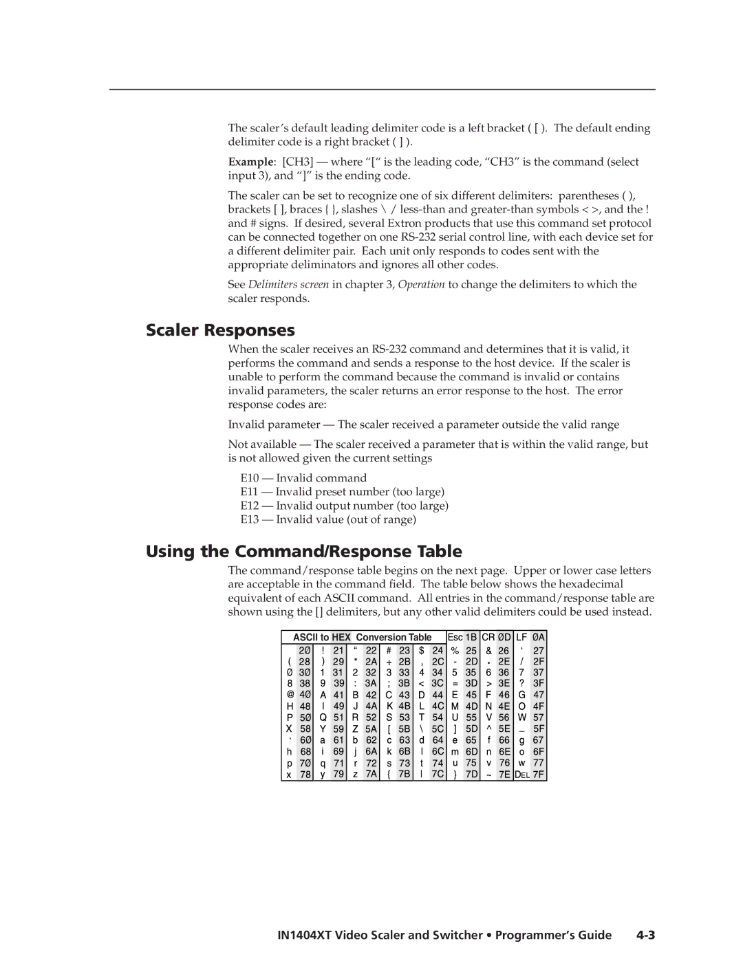 Extron electronic IN1404XT manual Scaler Responses, Using the Command/Response Table 