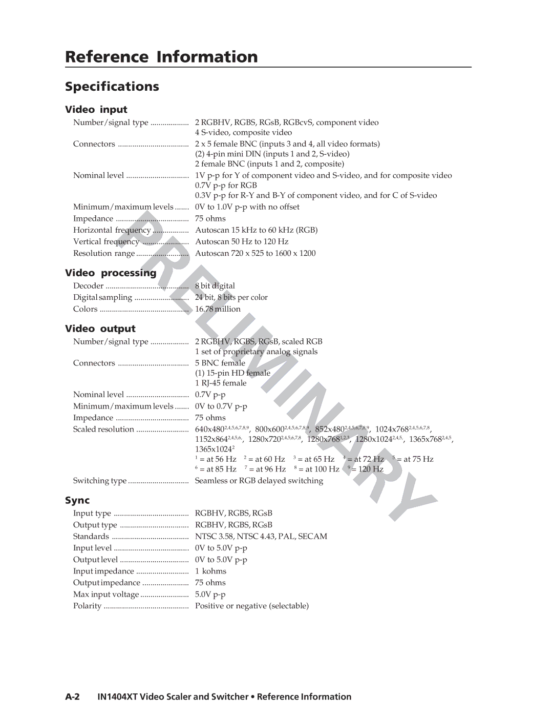 Extron electronic manual Specifications, IN1404XT Video Scaler and Switcher Reference Information 