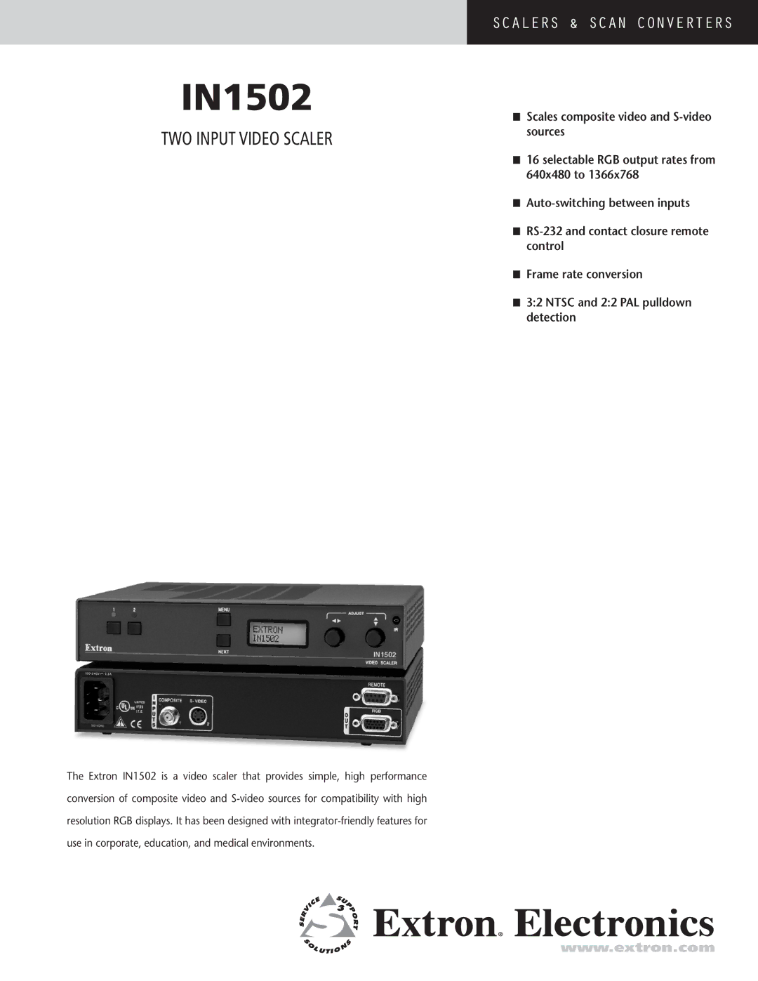 Extron electronic IN1502 manual Two Input Video Scaler 