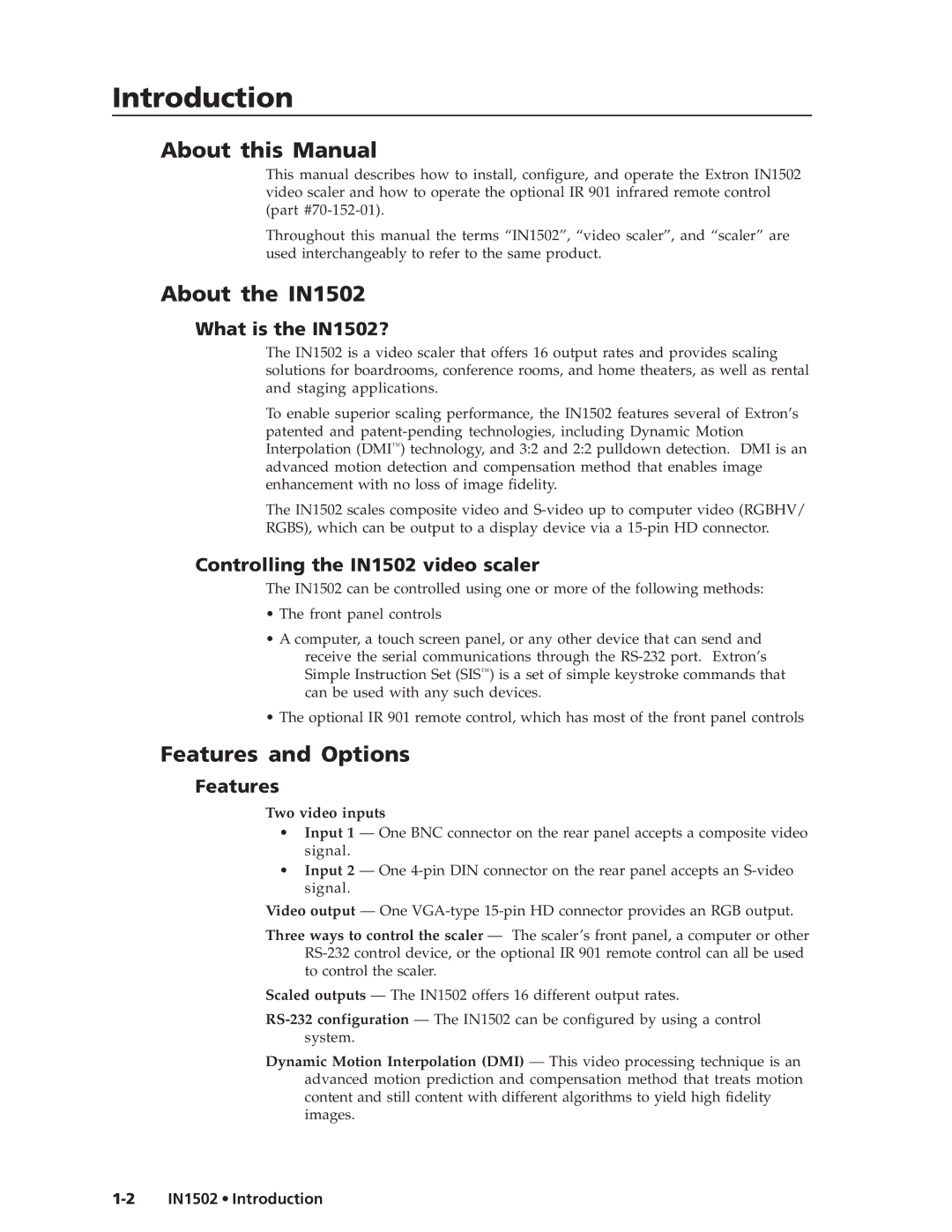 Extron electronic manual About this Manual, About the IN1502, Features and Options 