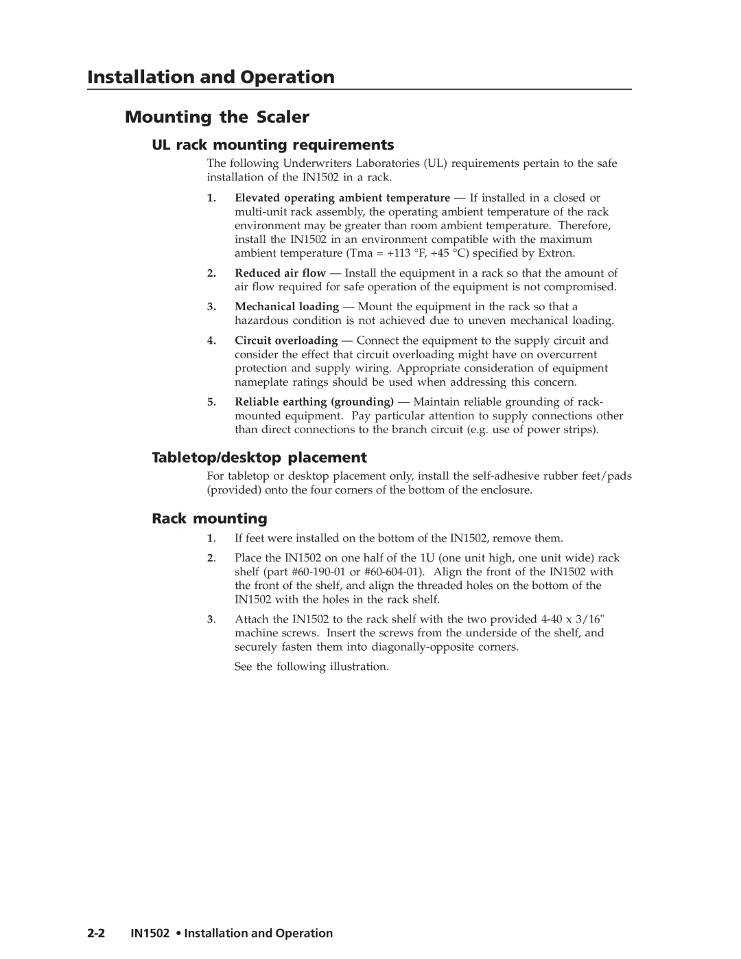 Extron electronic IN1502 Mounting the Scaler, UL rack mounting requirements, Tabletop/desktop placement, Rack mounting 