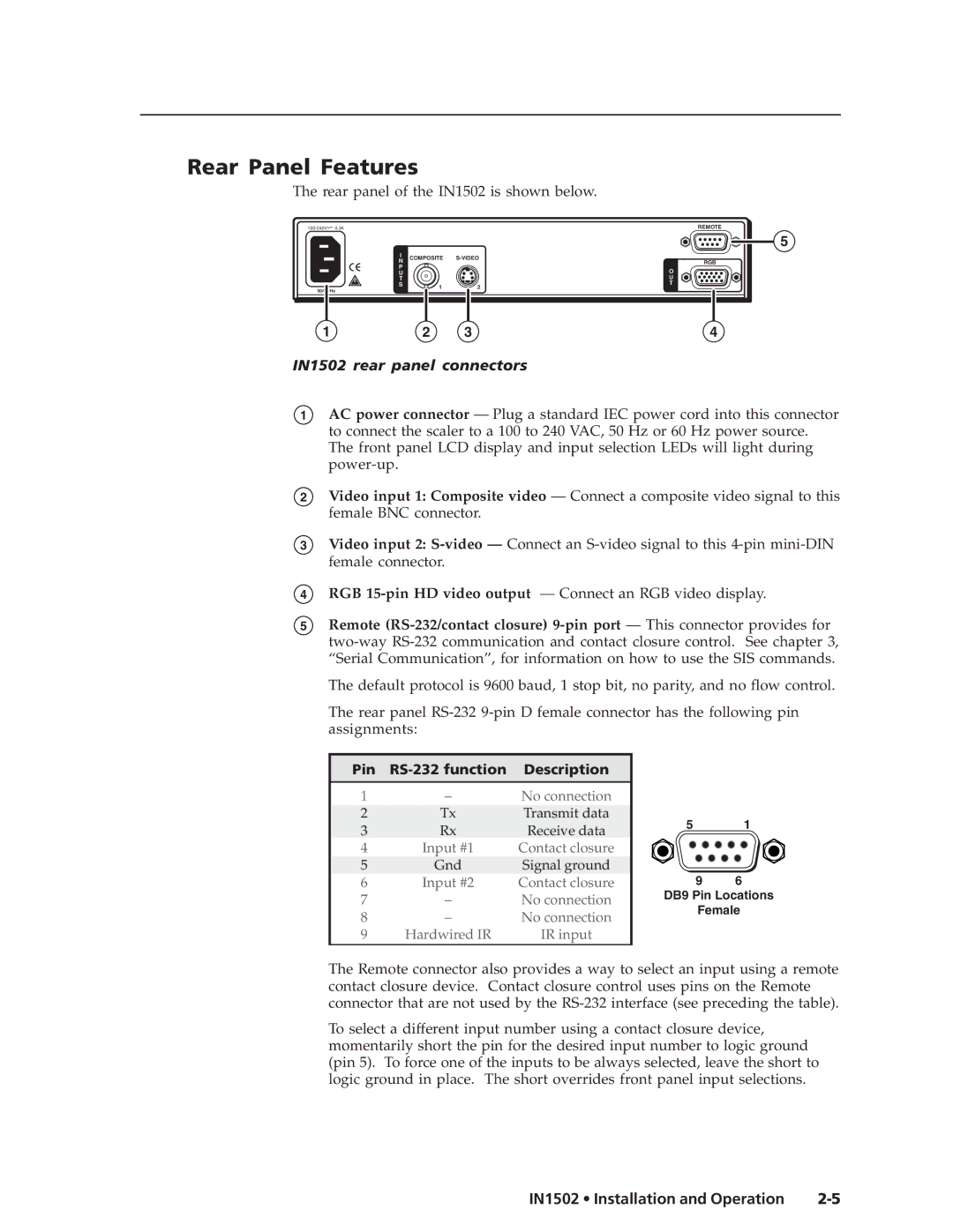 Extron electronic manual Rear Panel Features, IN1502 rear panel connectors 