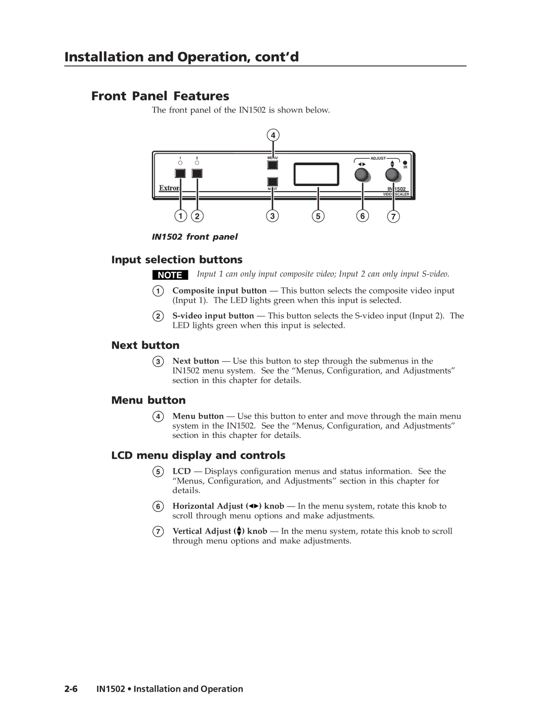 Extron electronic IN1502 manual Front Panel Features, Input selection buttons, Next button, Menu button 