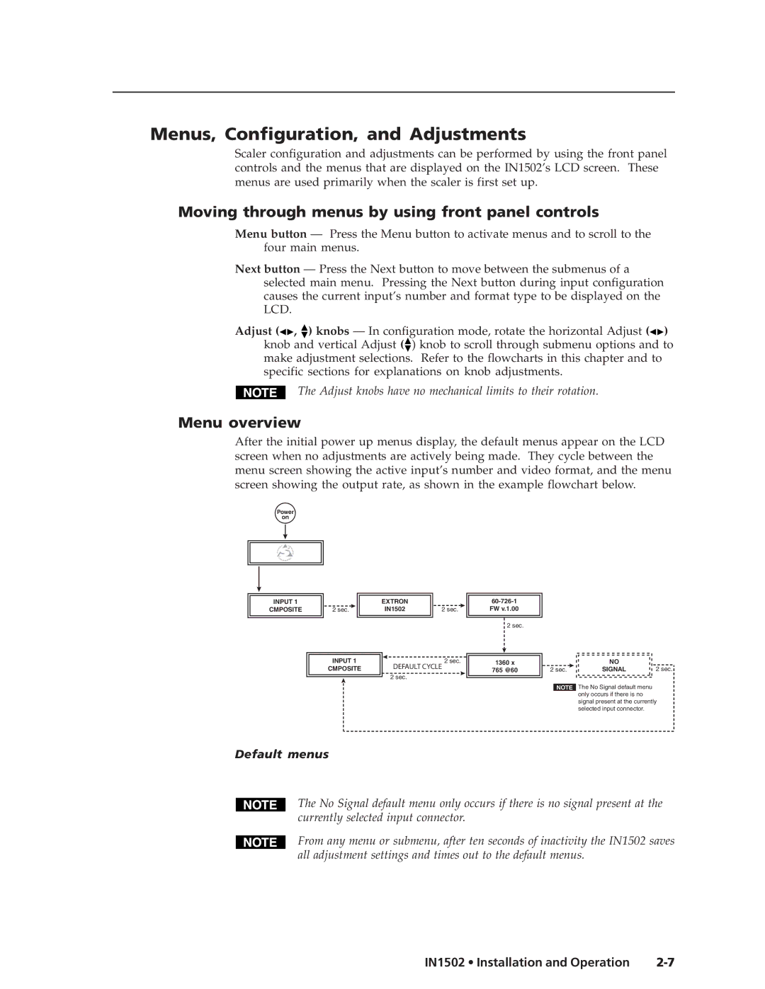 Extron electronic IN1502 manual Menus, Configuration, and Adjustments, Moving through menus by using front panel controls 