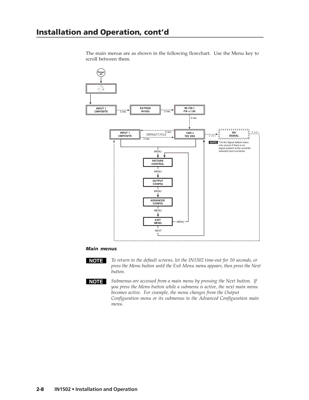 Extron electronic IN1502 manual Main menus 