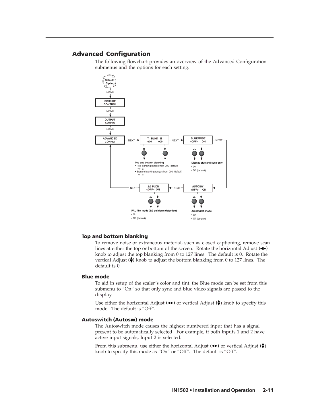 Extron electronic IN1502 manual Advanced Configuration, Top and bottom blanking, Blue mode, Autoswitch Autosw mode 