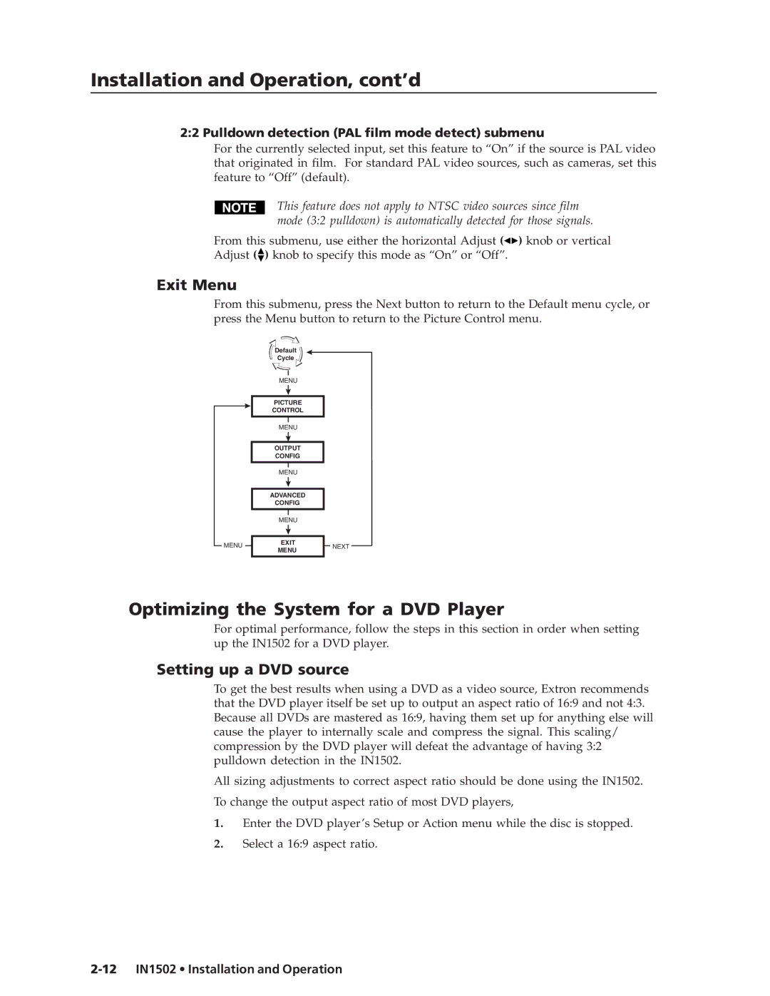 Extron electronic IN1502 manual Optimizing the System for a DVD Player, Exit Menu, Setting up a DVD source 