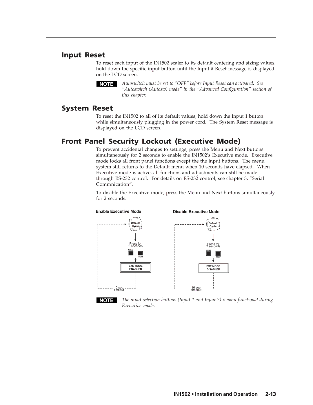 Extron electronic IN1502 manual Input Reset, System Reset, Front Panel Security Lockout Executive Mode 