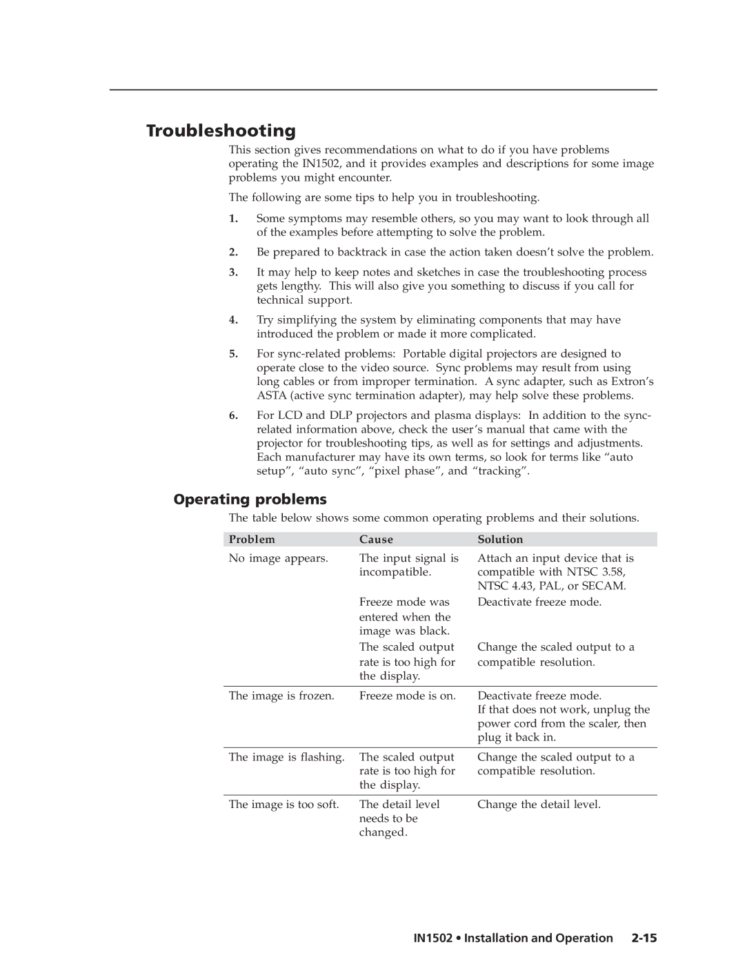 Extron electronic IN1502 manual Troubleshooting, Operating problems 