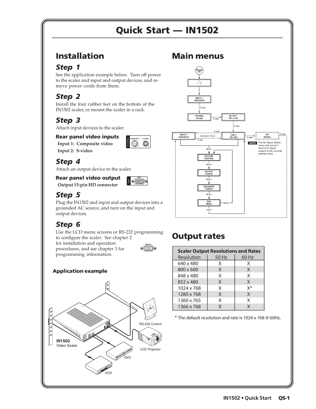 Extron electronic Rear panel video inputs, Rear panel video output O, Application example, IN1502 Quick Start QS-1 