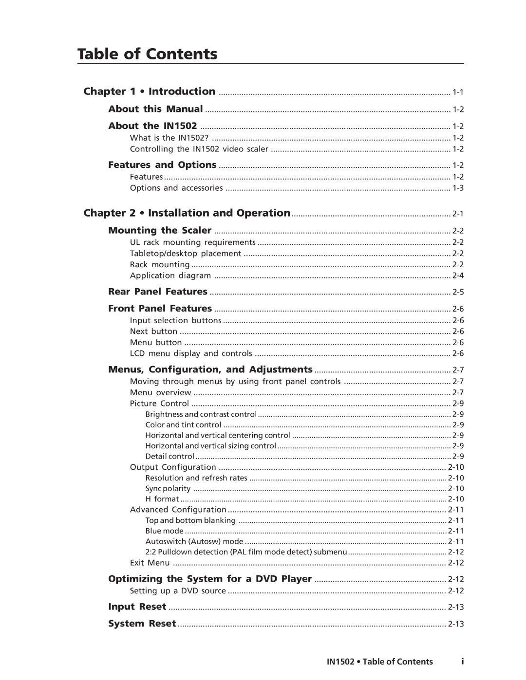 Extron electronic IN1502 manual Table of Contents 