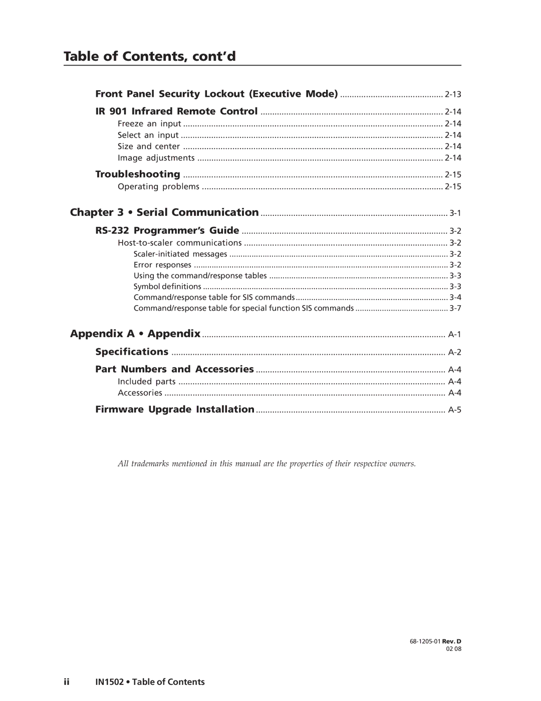 Extron electronic IN1502 manual Table of Contents, cont’d 