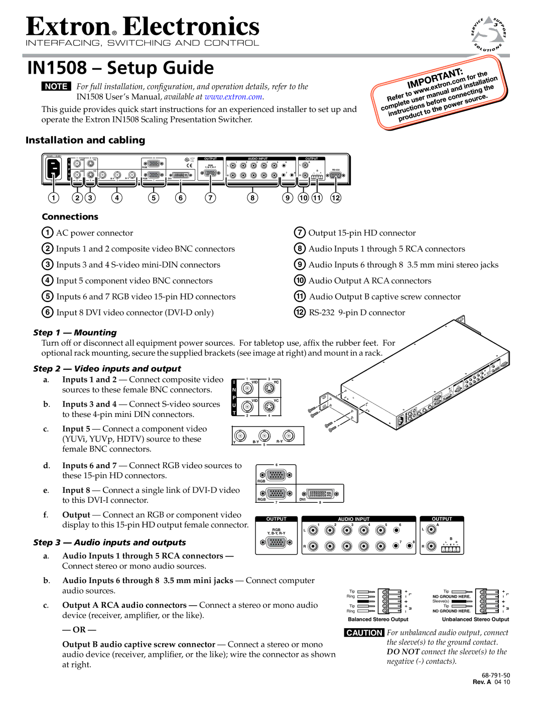 Extron electronic IN1508 setup guide Installation and cabling, Connections, Mounting, Video inputs and output 