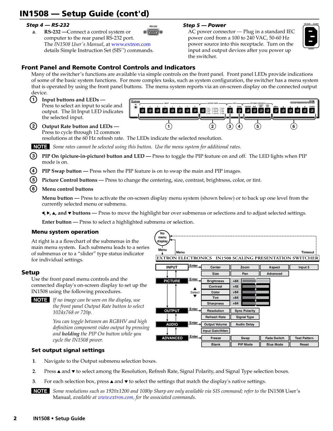 Extron electronic IN1508 setup guide Front Panel and Remote Control Controls and Indicators, Setup, RS-232, Power 