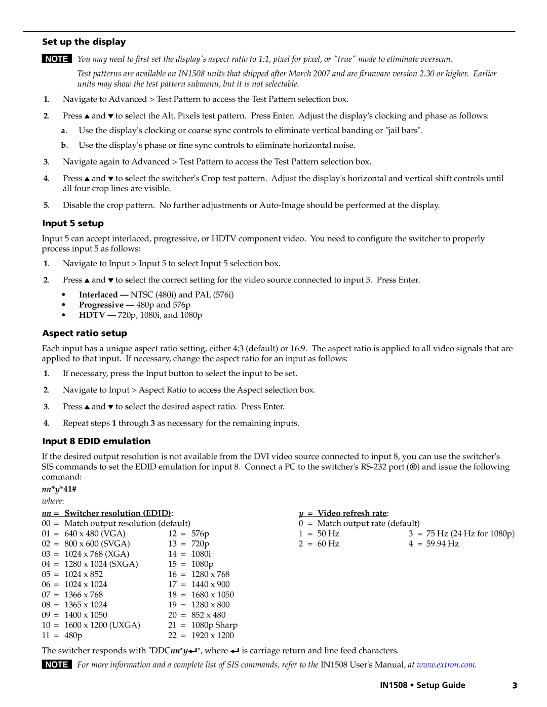 Extron electronic IN1508 setup guide Set up the display, Input 5 setup, Aspect ratio setup, Input 8 Edid emulation 