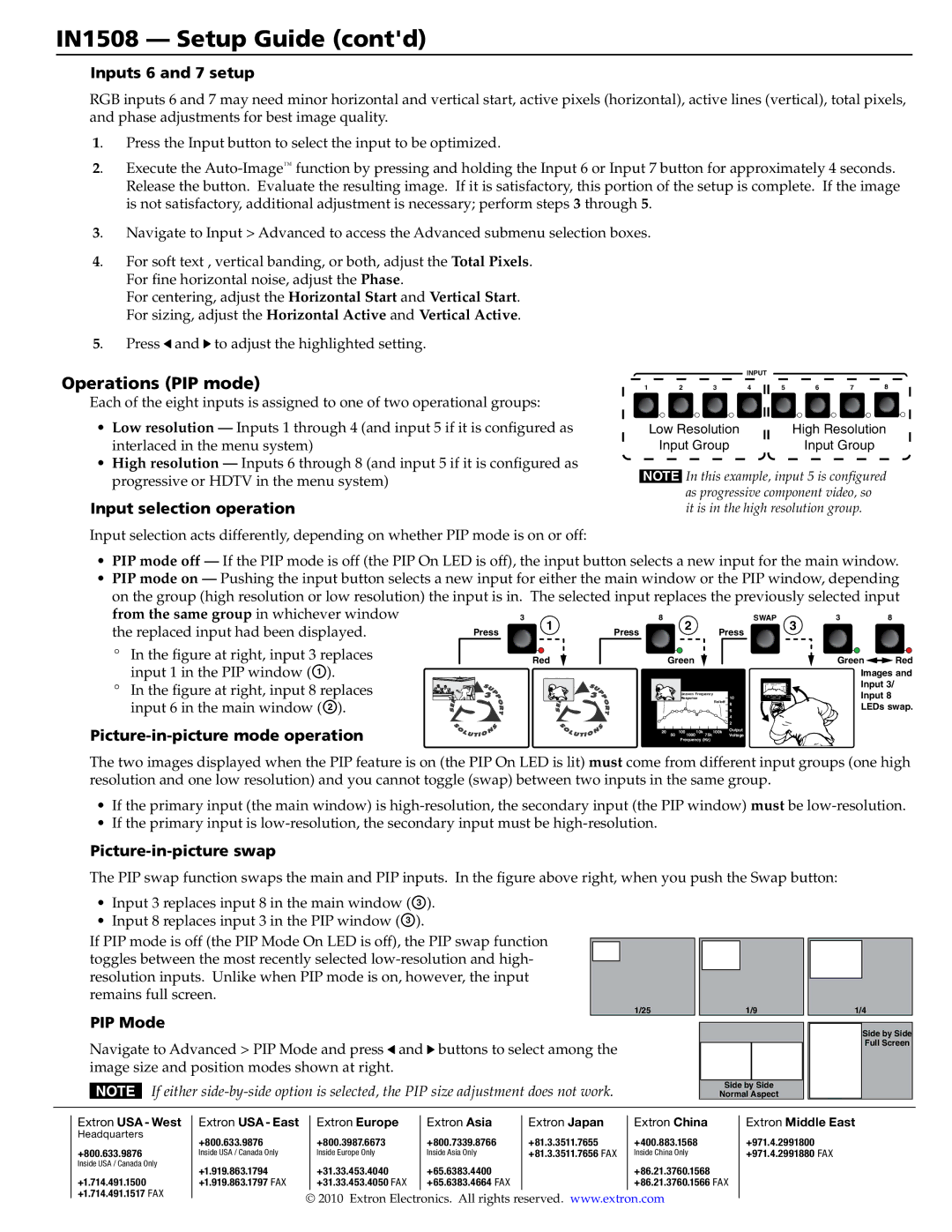 Extron electronic IN1508 setup guide Operations PIP mode 