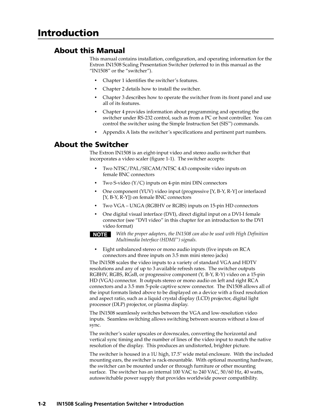 Extron electronic IN1508 manual Introductiontroduction, cont’d 