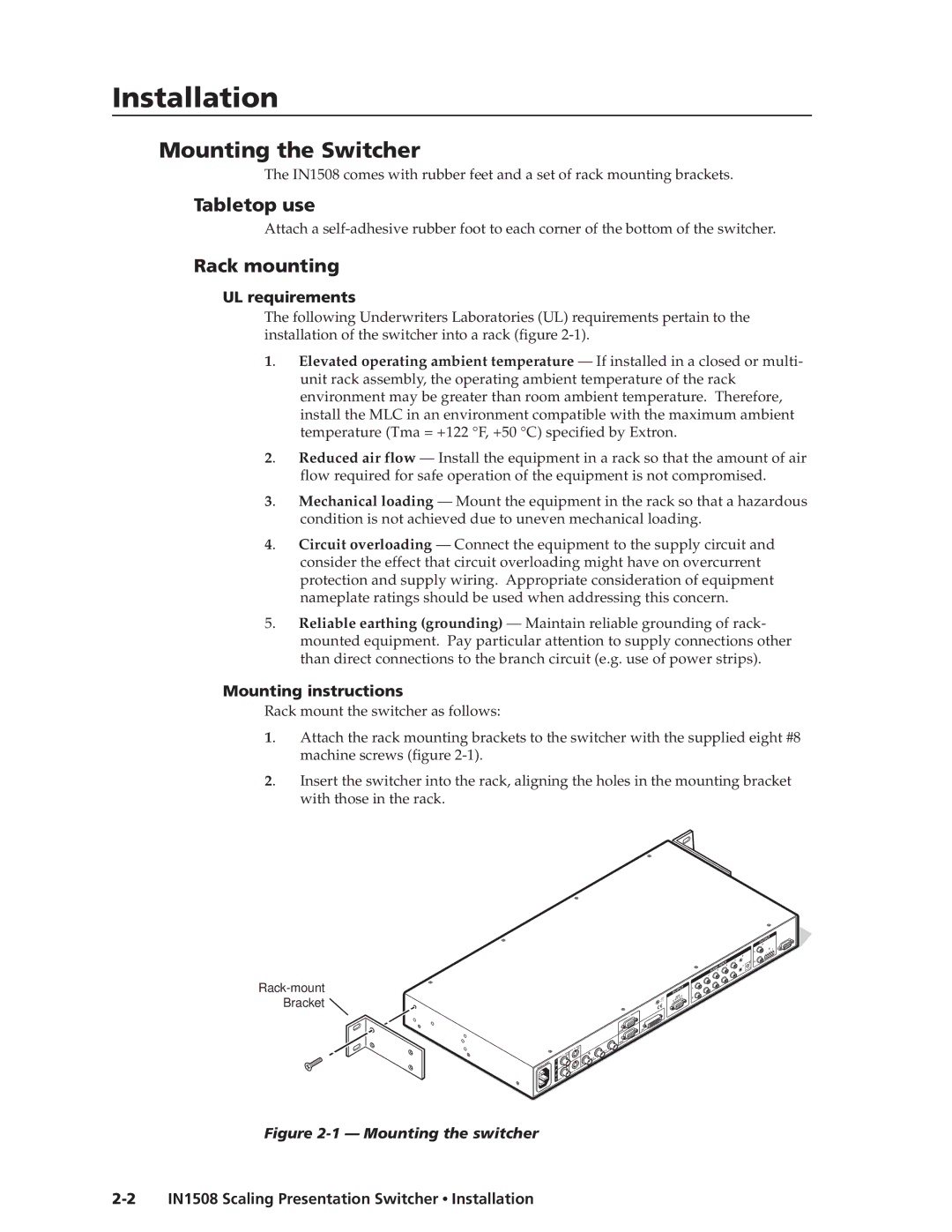 Extron electronic IN1508 manual Mounting the Switcher, Tabletop use, Rack mounting 