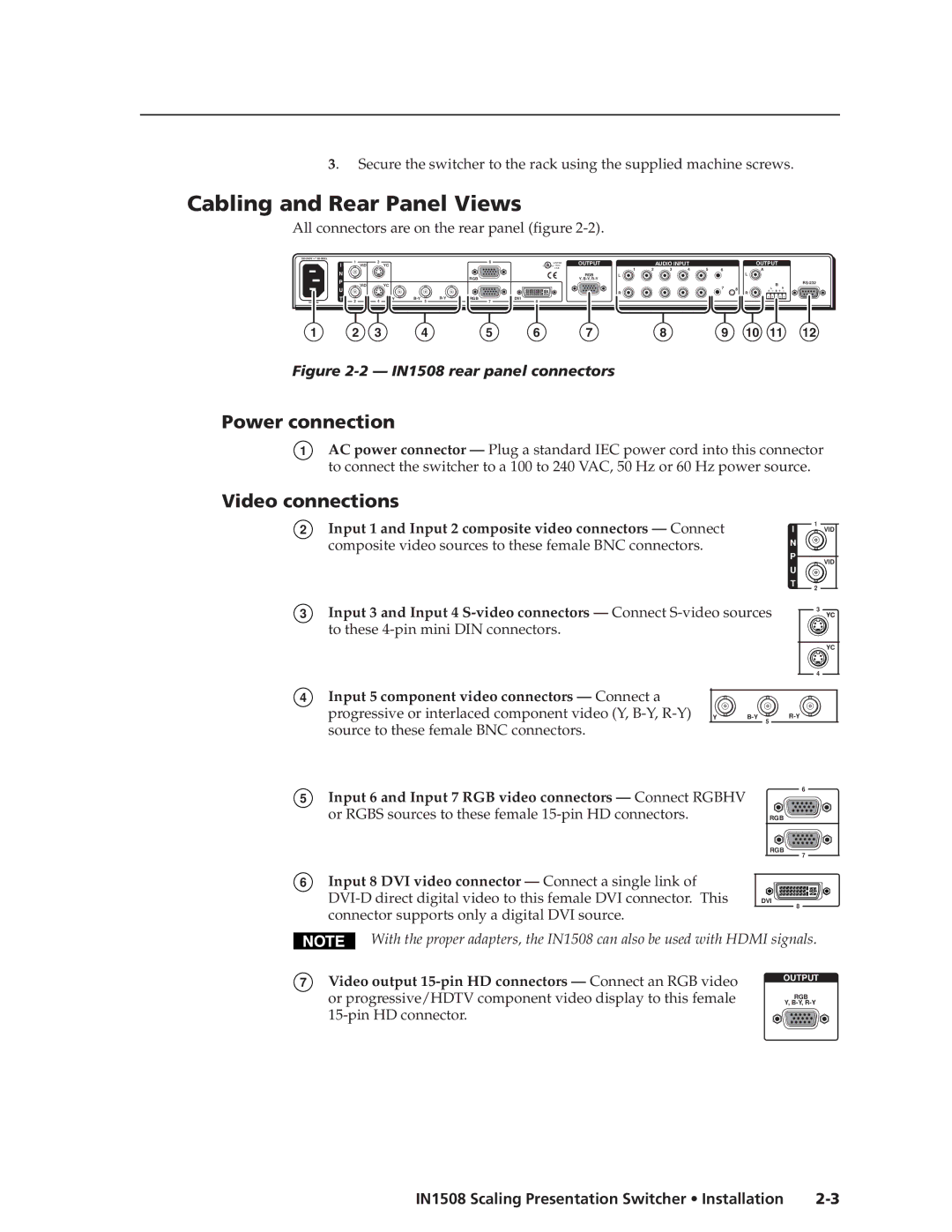 Extron electronic IN1508 manual Cabling and Rear Panel Views, Power connection, Video connections 