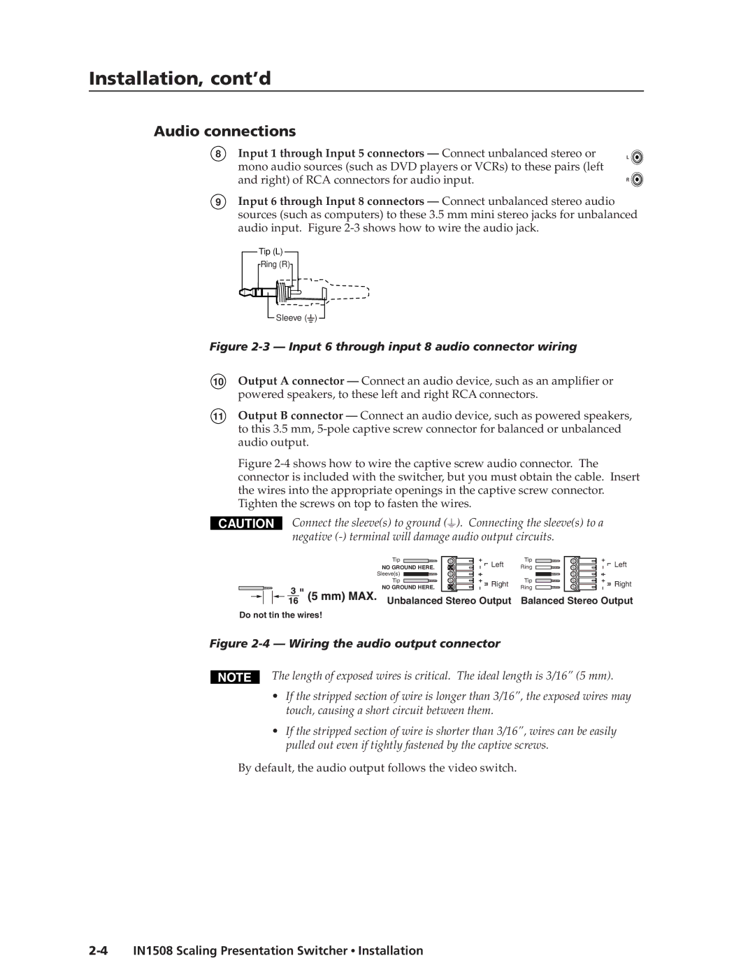 Extron electronic IN1508 manual Installation, cont’d, Audio connections 