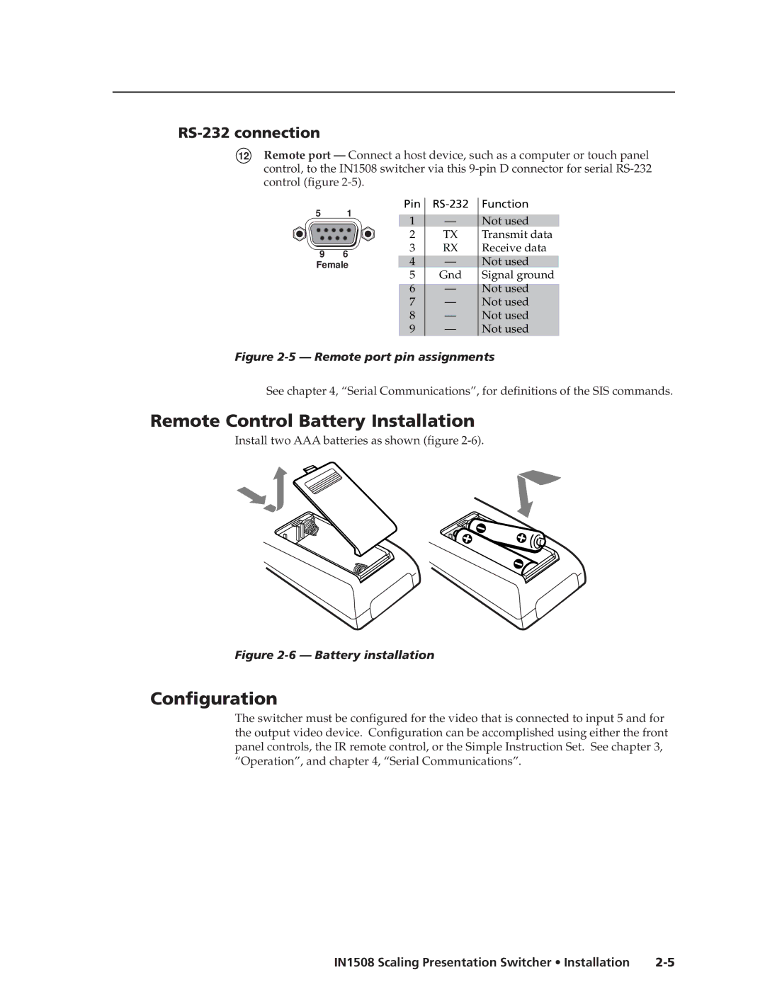 Extron electronic IN1508 manual Remote Control Battery Installation, Configuration, RS-232 connection 