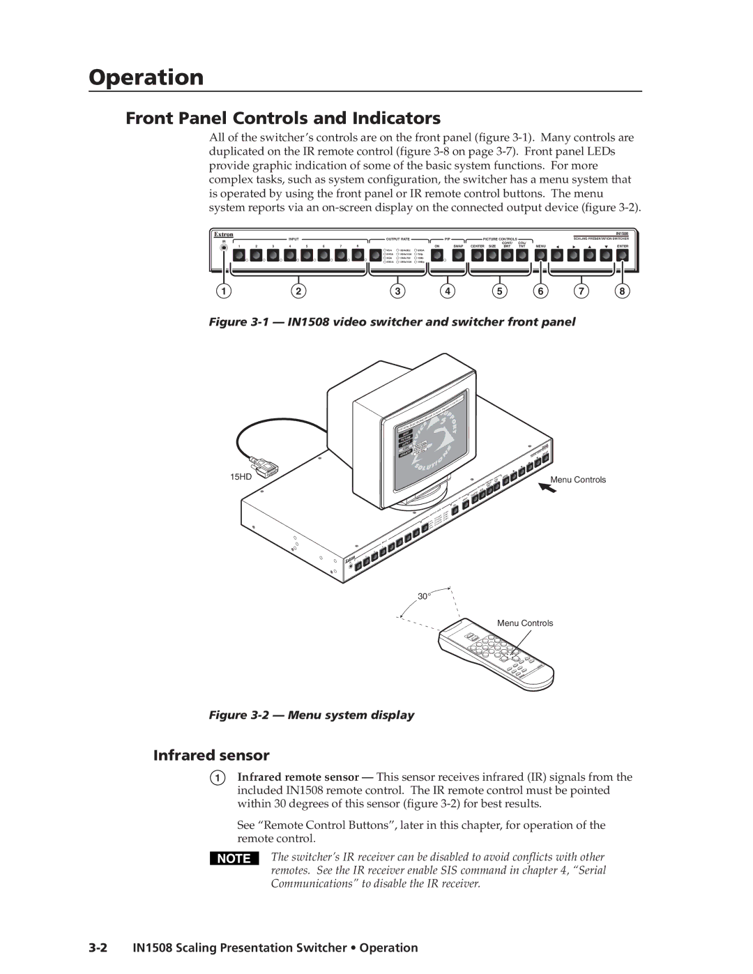 Extron electronic IN1508 manual Front Panel Controls and Indicators, Infrared sensor 