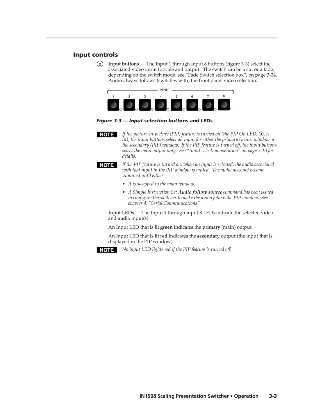 Extron electronic IN1508 manual Input controls, Input selection buttons and LEDs 