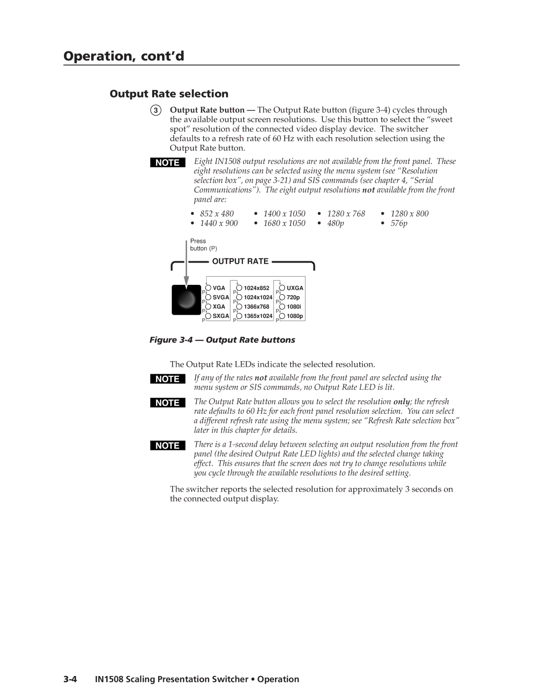 Extron electronic IN1508 manual Operation, cont’d, Output Rate selection 