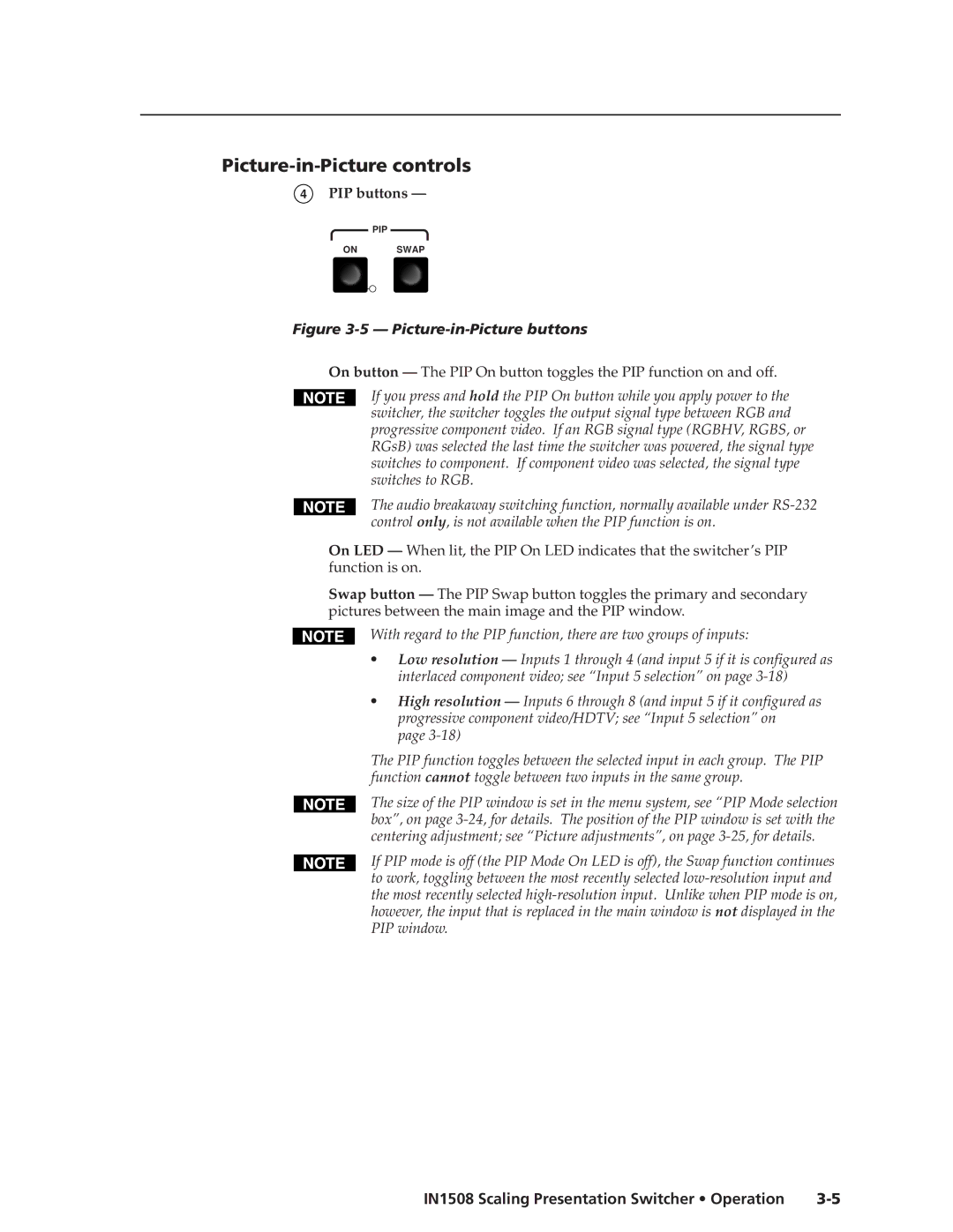 Extron electronic IN1508 manual Picture-in-Picture controls, PIP buttons 