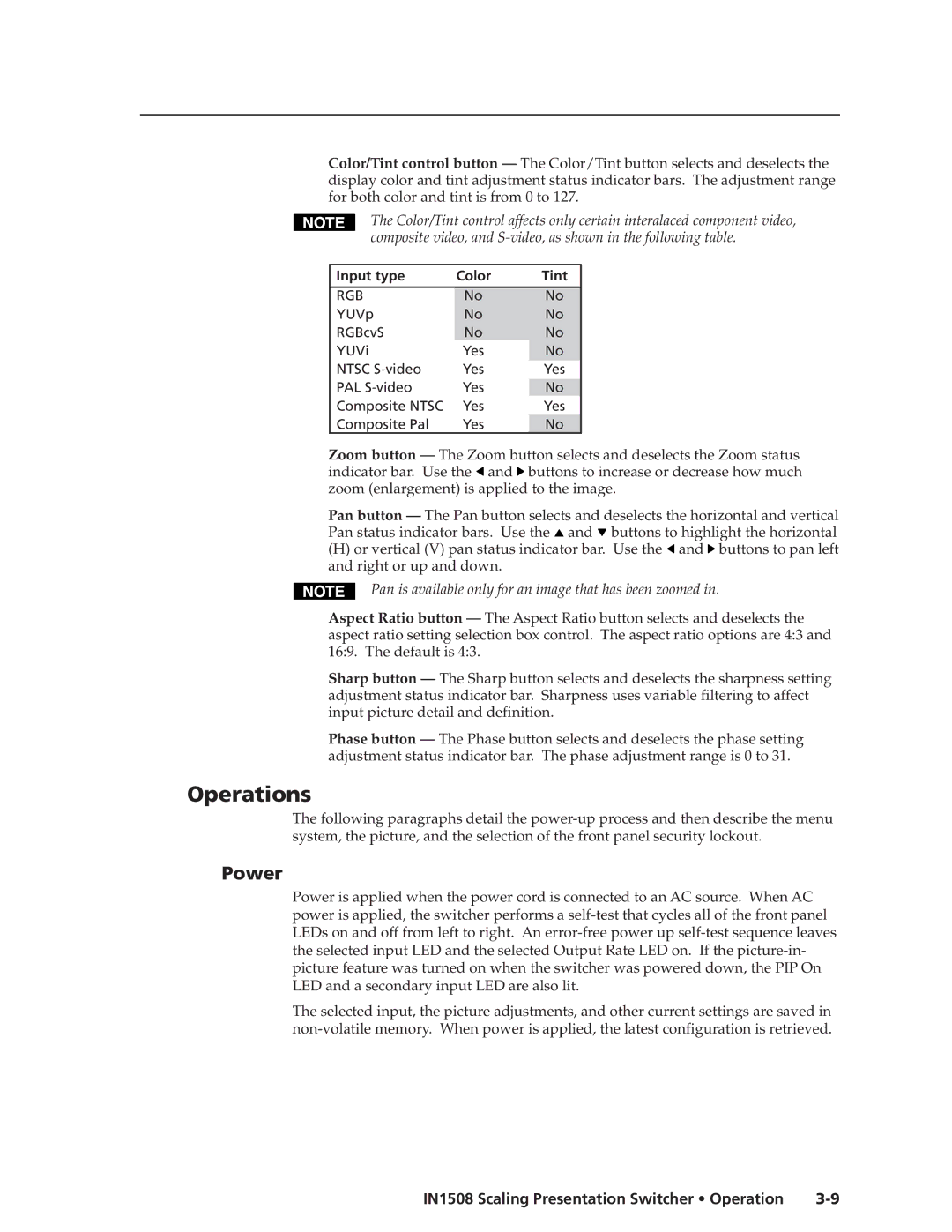 Extron electronic IN1508 manual Operations, Power 