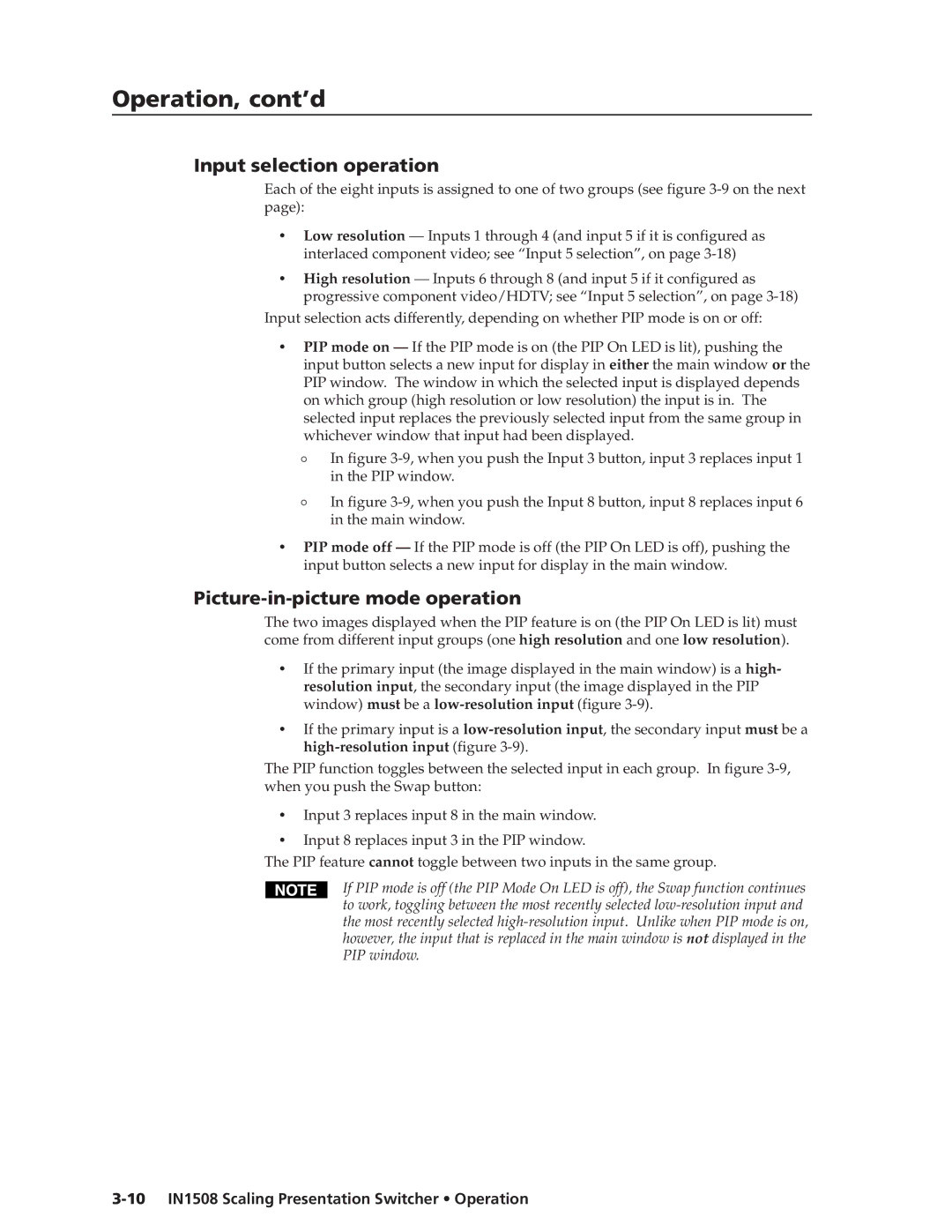 Extron electronic IN1508 manual Input selection operation, Picture-in-picture mode operation 