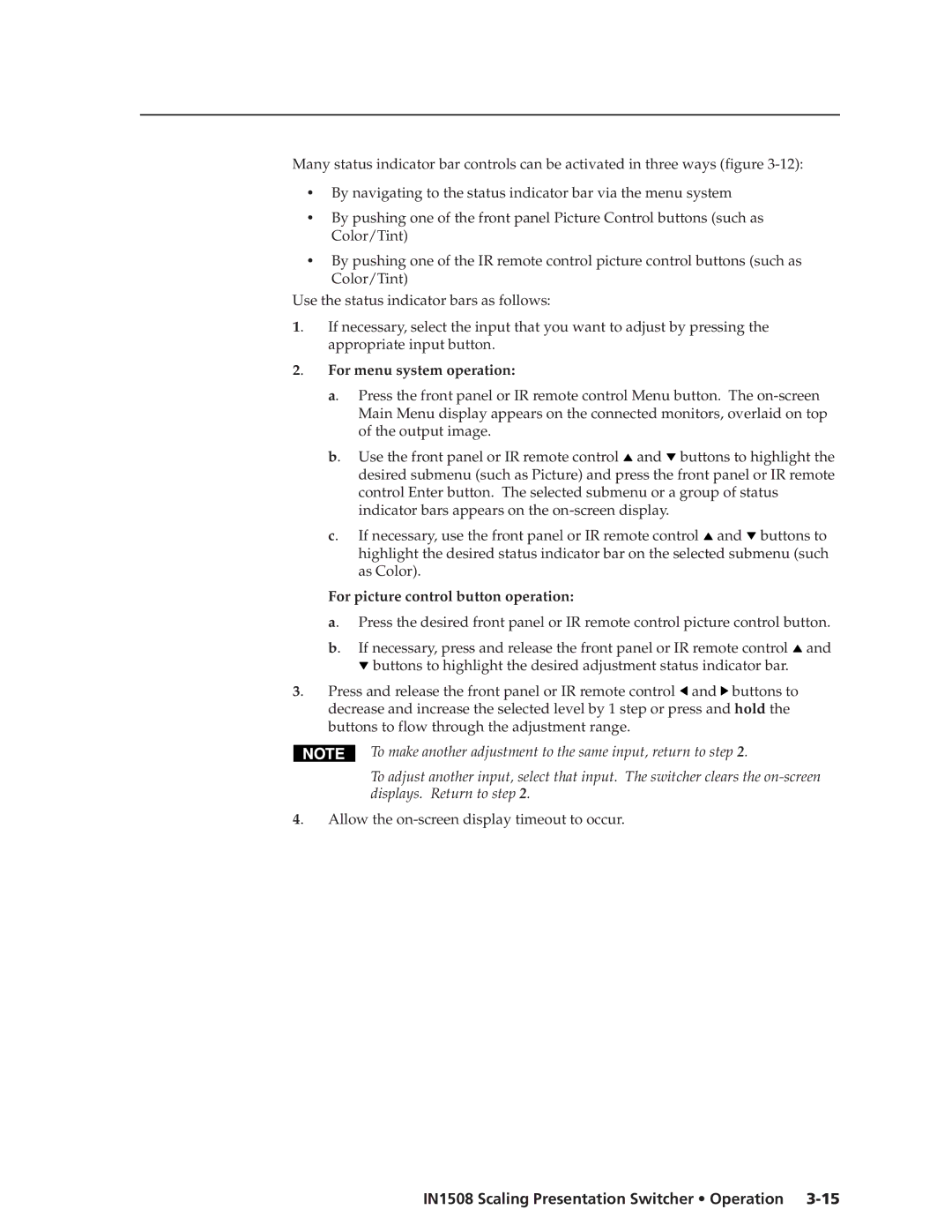 Extron electronic IN1508 manual For menu system operation, For picture control button operation 