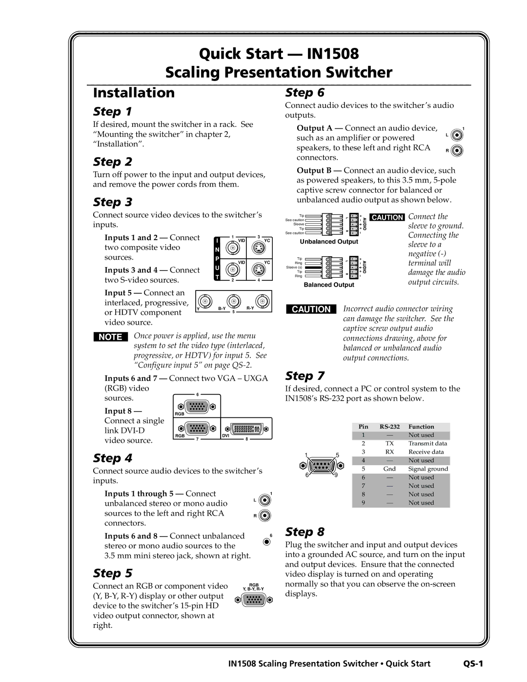 Extron electronic manual Quick Start IN1508 Scaling Presentation Switcher 