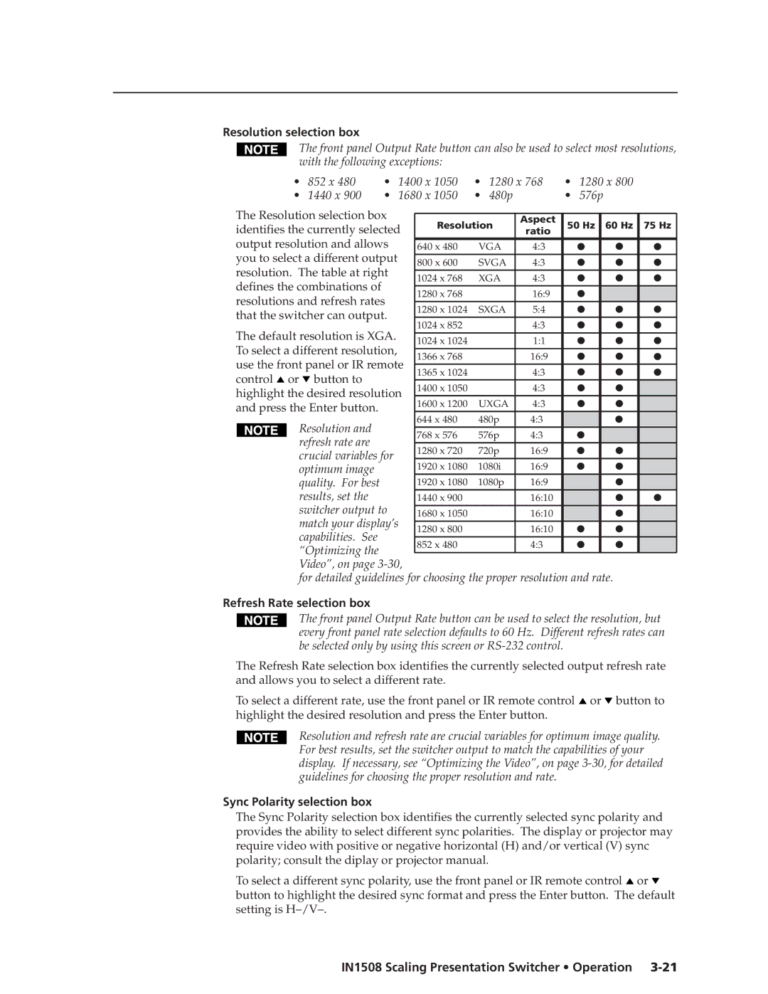 Extron electronic IN1508 manual Resolution selection box, Refresh Rate selection box, Sync Polarity selection box 