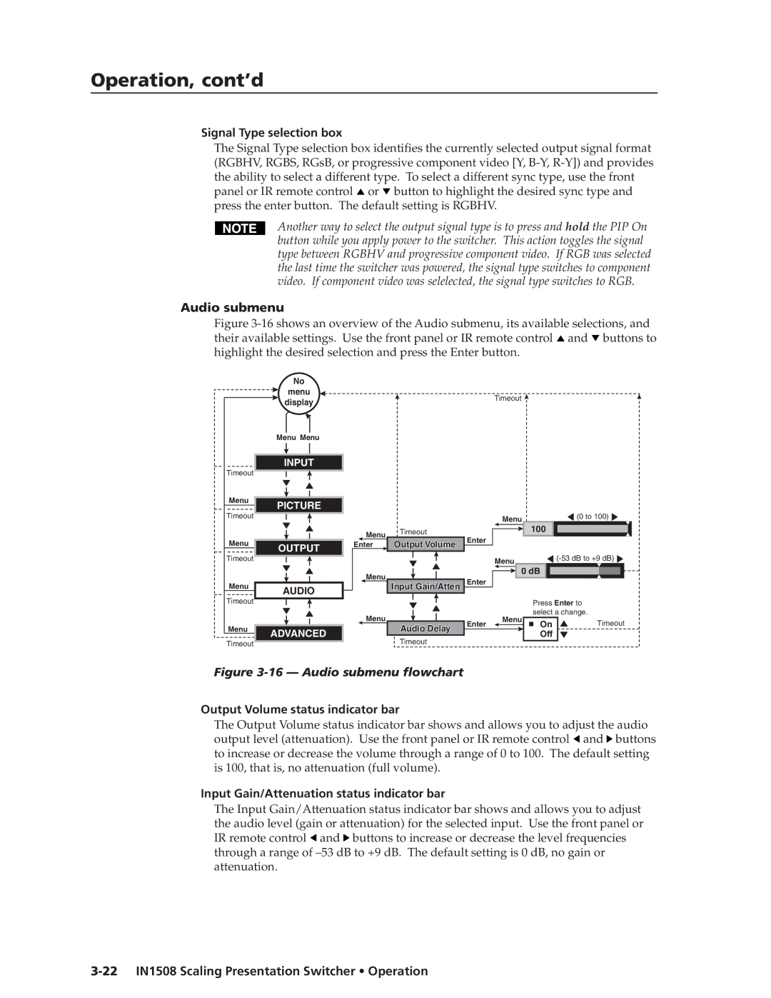 Extron electronic IN1508 manual Signal Type selection box, Audio submenu, Output Volume status indicator bar 