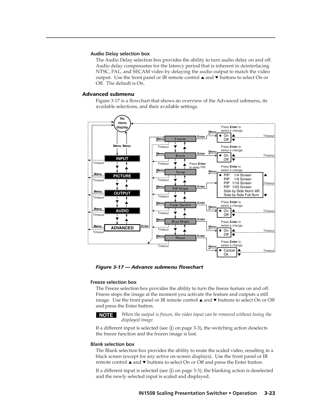 Extron electronic IN1508 manual Audio Delay selection box, Advanced submenu, Freeze selection box, Blank selection box 